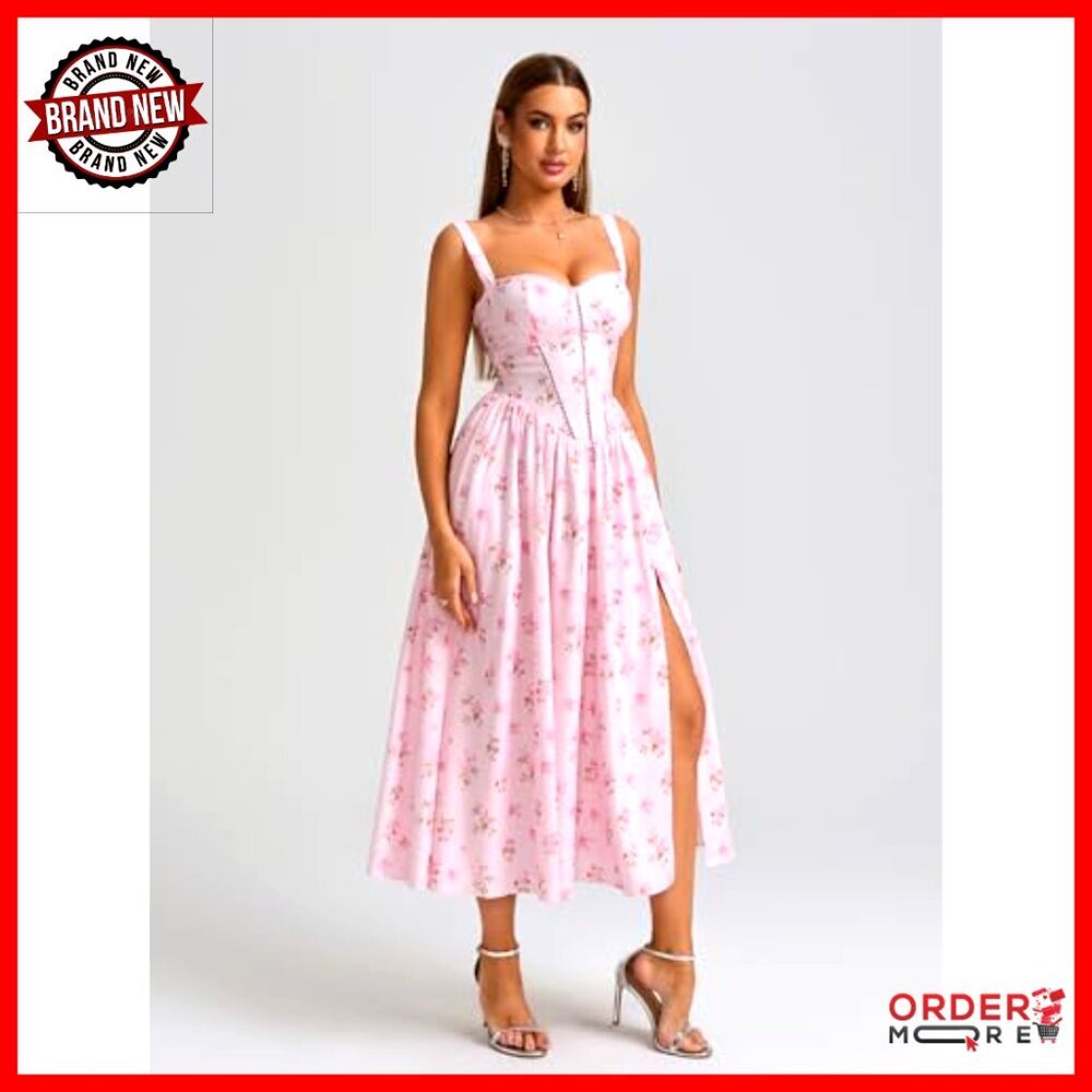Floral Corset Midi Dress Boho Chic Wedding Guest Summer Dress with Pockets - Picture 4 of 6